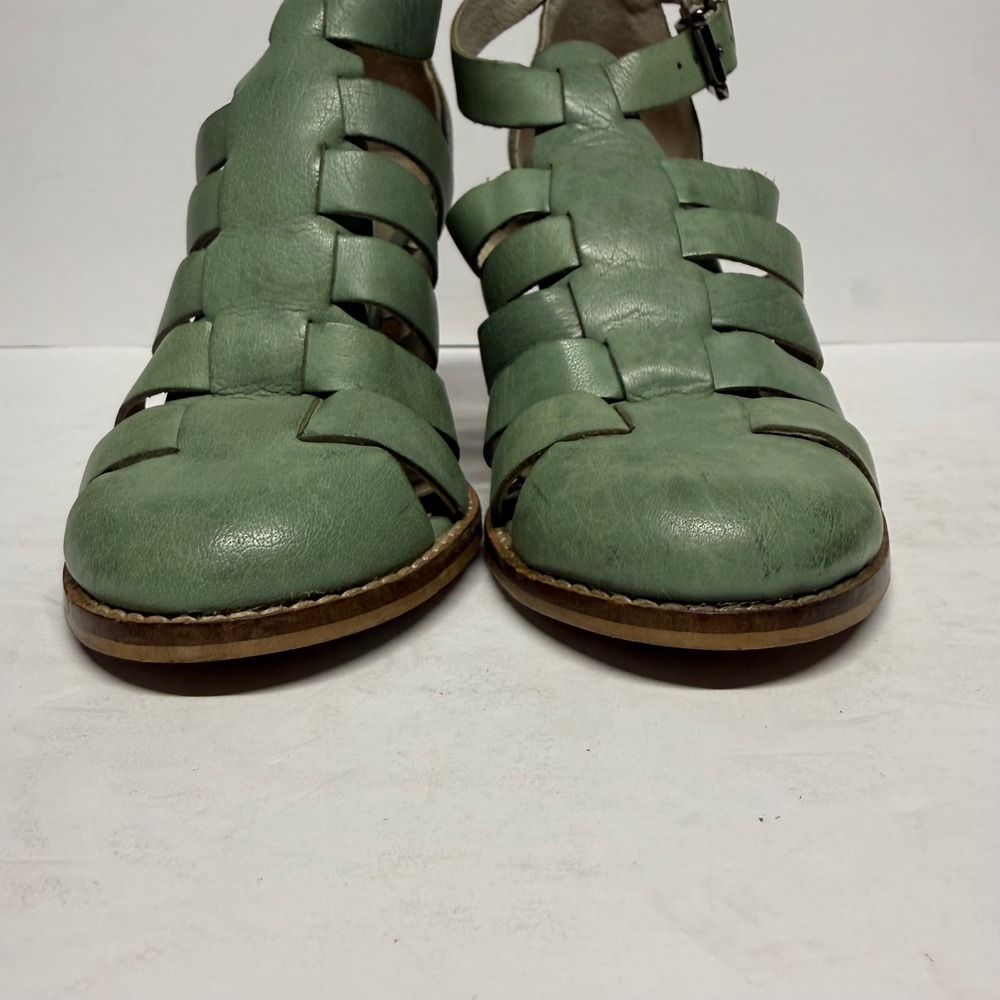 Seychelles Sage Green Leather Caged Gladiator Block Heel Sandals Size 8 - Picture 3 of 9